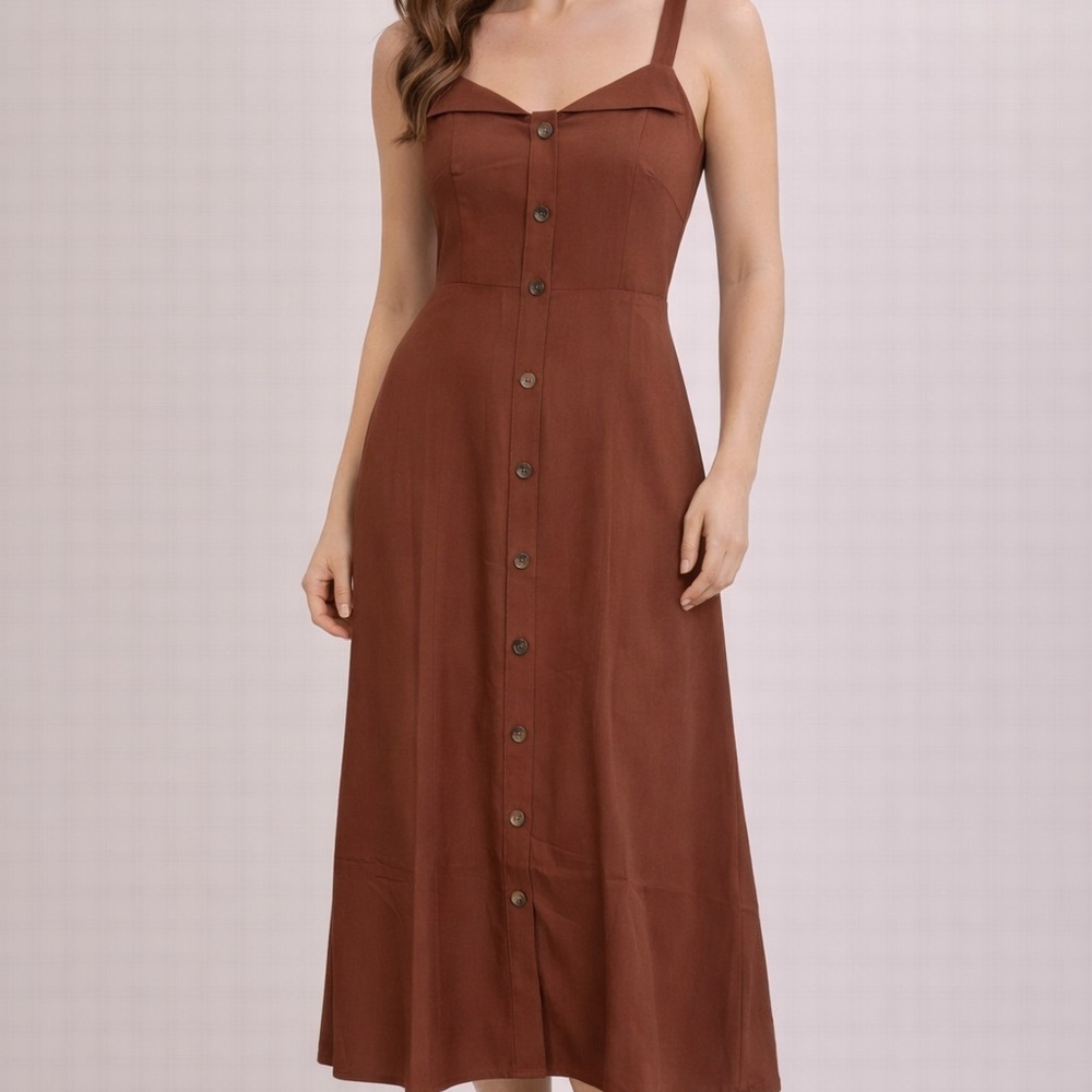 RIHOAS Brown Button-Front Midi Dress